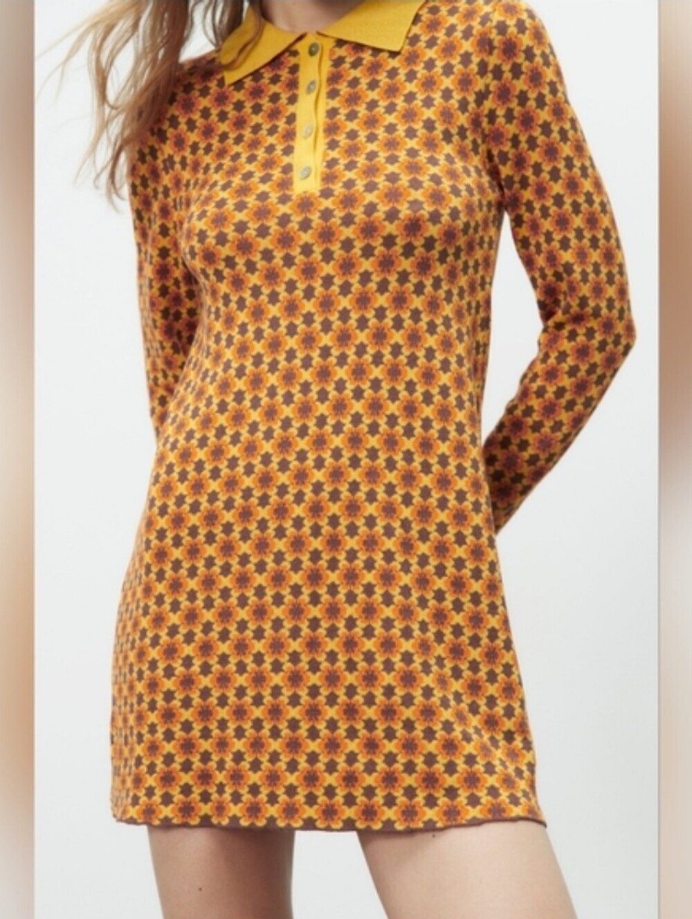 ZARA Women's Retro Vintage Floral Jacquard Knit Mini Dress Orange Brown Small - Picture 2 of 15